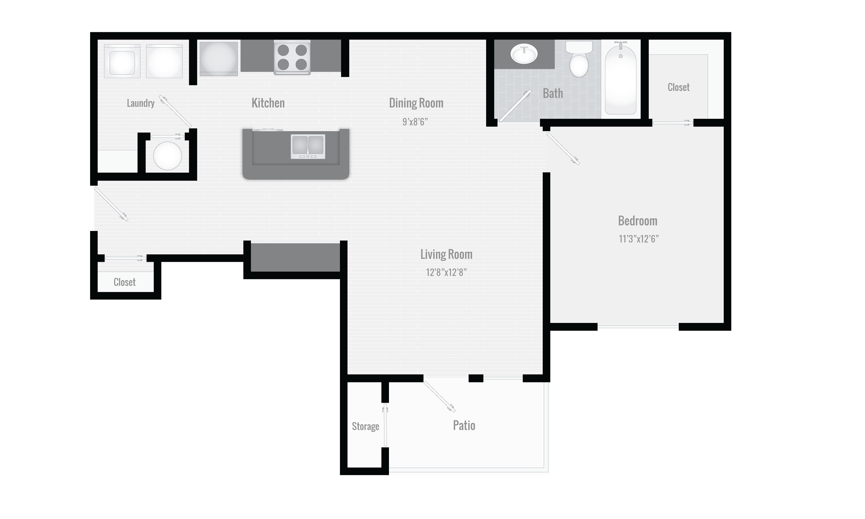 Floor plan for 1 bed, 1 bath, 801 sqft